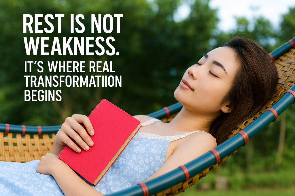 Woman resting on hammock with book