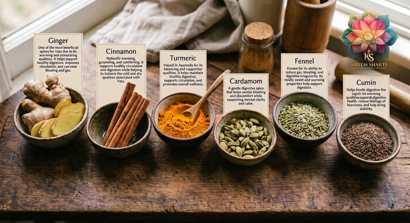 Vata-pacifying spices: ginger, cinnamon, turmeric, cardamom, fennel, cumin